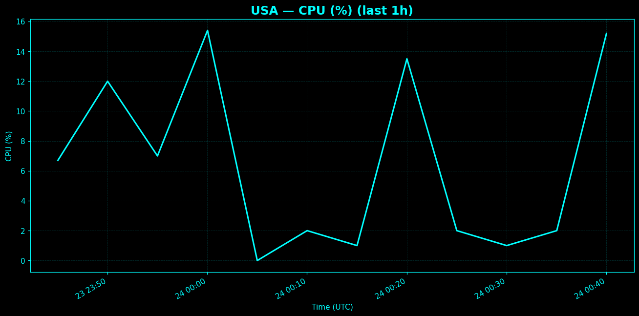 Chart representing CPU utilization on USA regions server in past hour.
