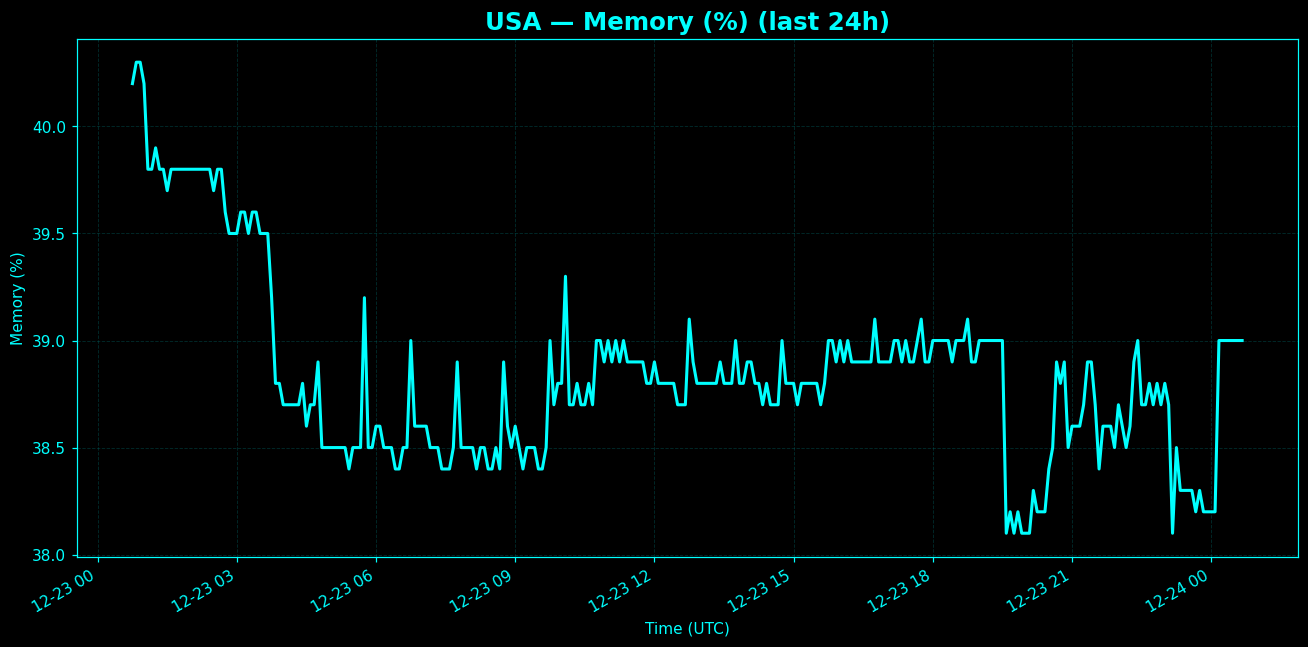 Chart representing RAM utilization on USA regions server in the past 24 hours.