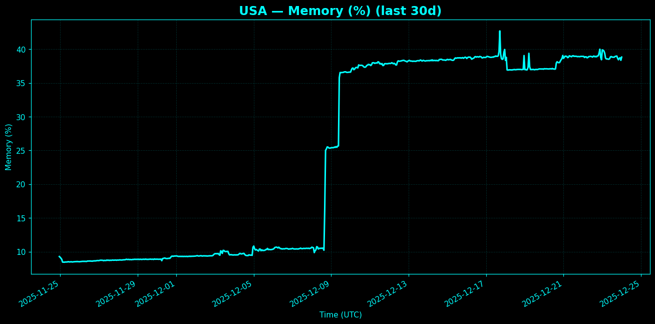 Chart representing RAM utilization on USA regions server in the past 30 days.
